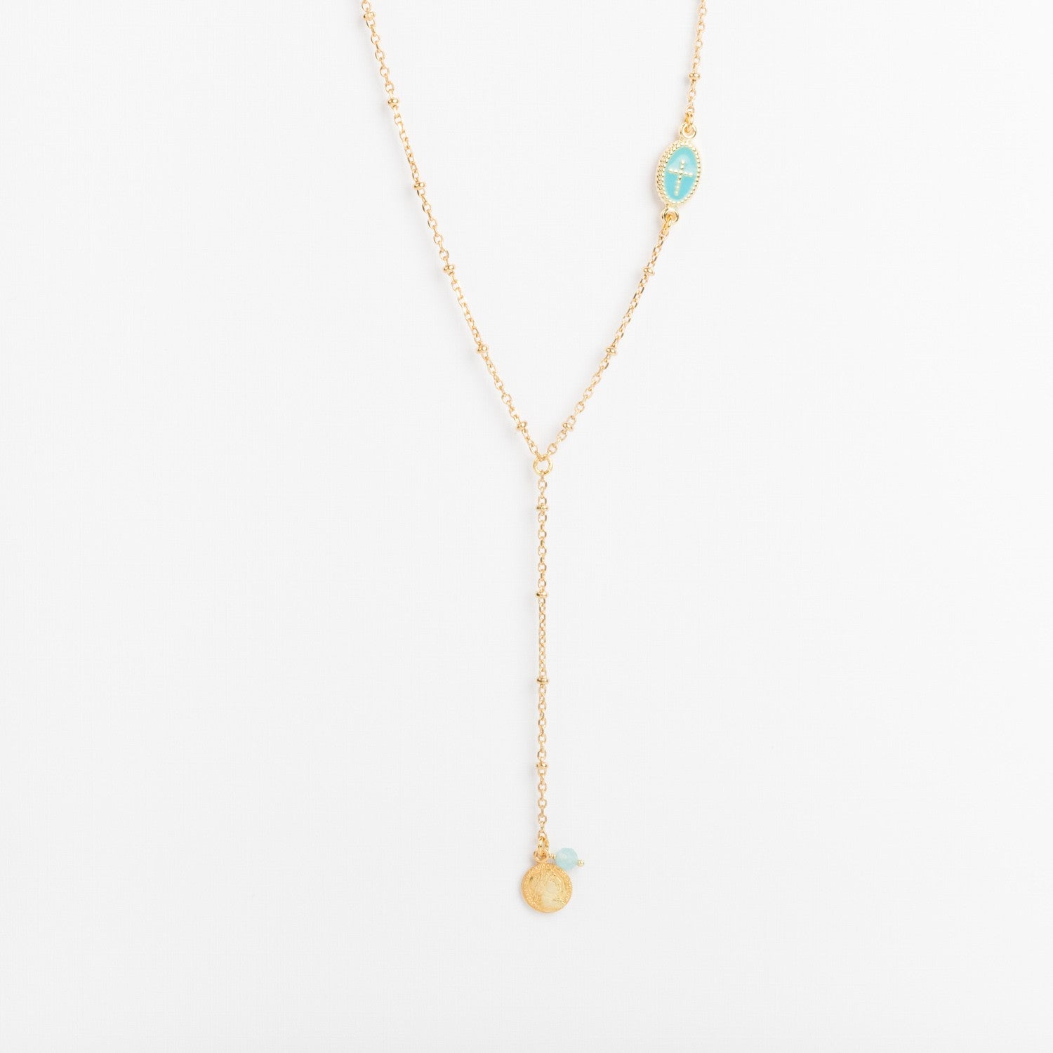 Sautoir - Chaîne perlée - Croix émaillée - Plaqué or - LÉONIE