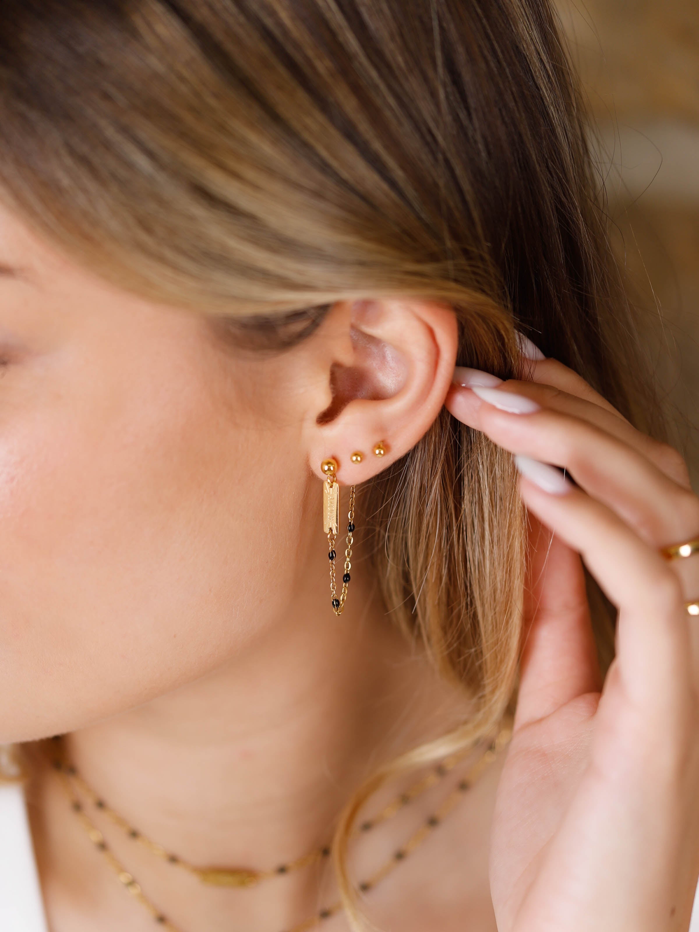 boucles d'oreilles chaîne en acier inoxydable et résine pour femme 