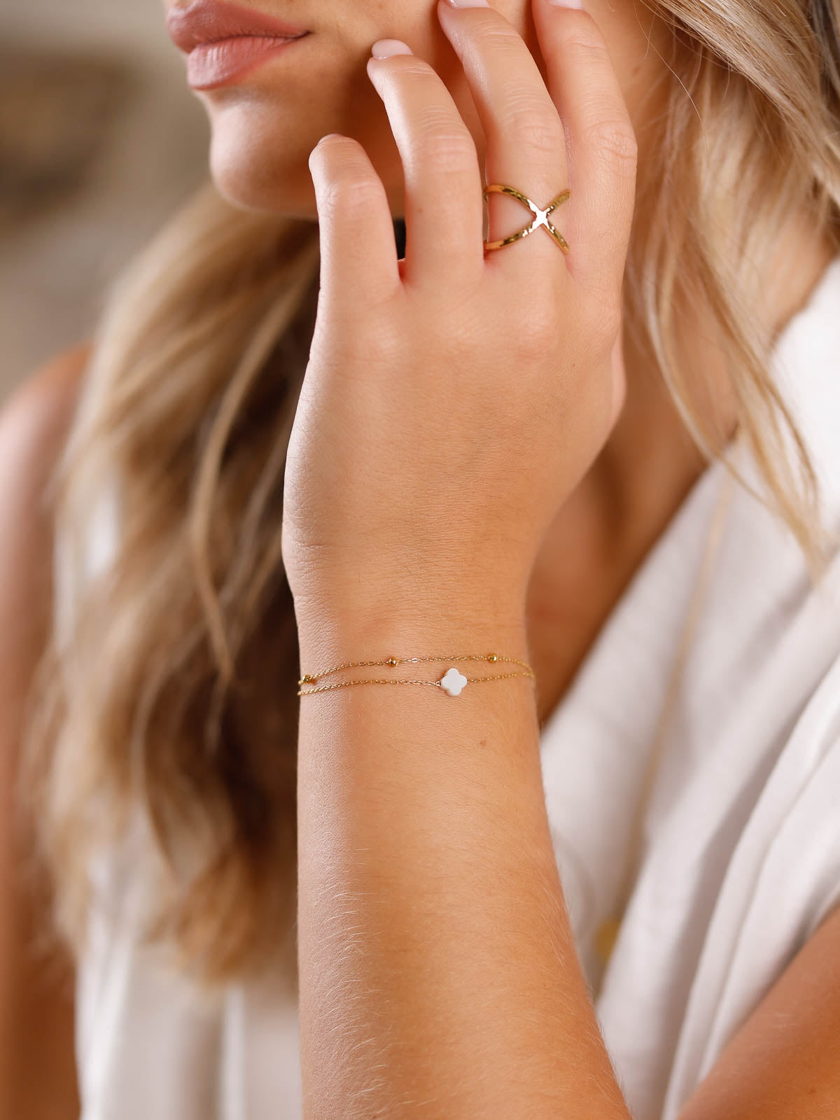 bracelet double rang en acier inoxydable et nacre pour femme 