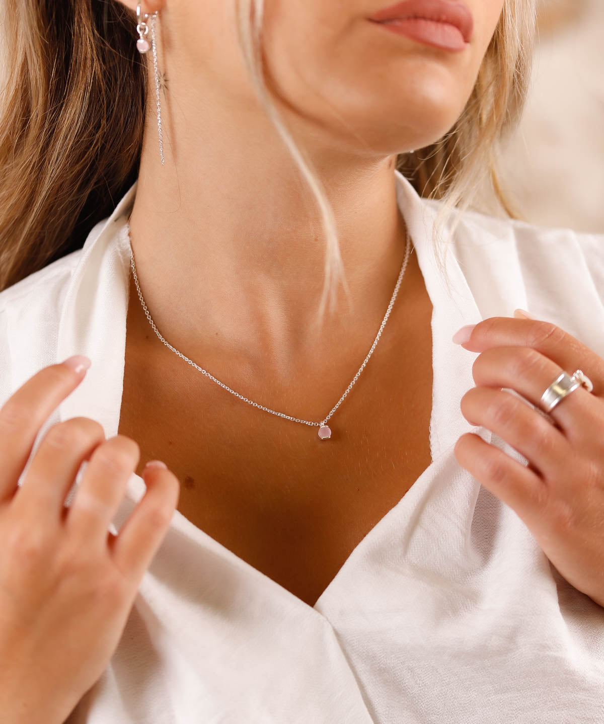 collier en argent 925 et quartz rose pour femme 