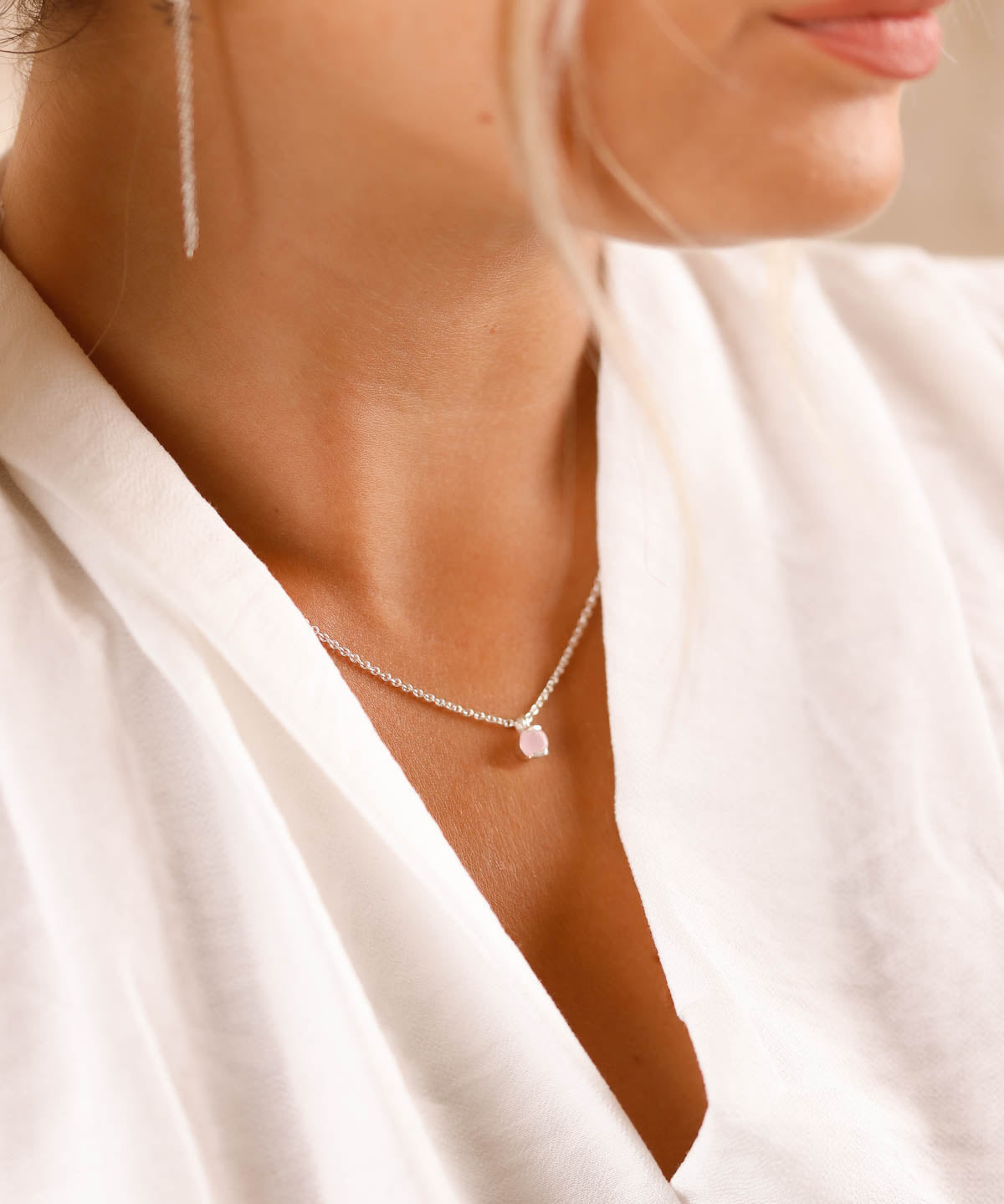 collier en argent 925 et quartz rose pour femme 