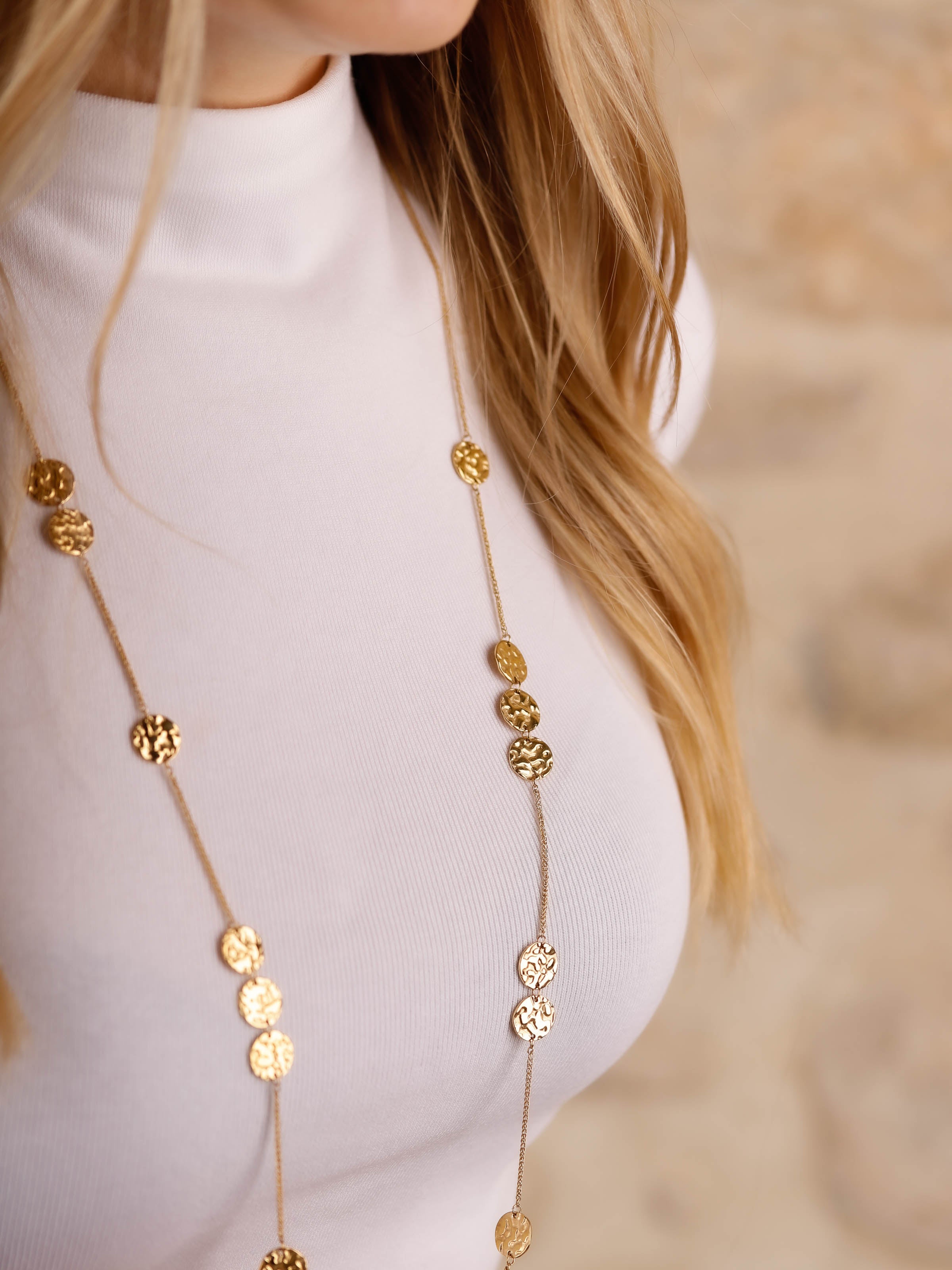 collier sautoir martelés en acier inoxydable pour femme